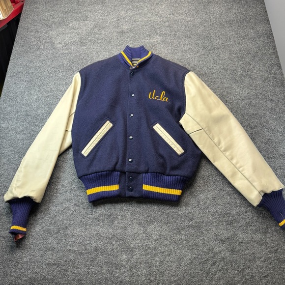 Albion Knitting Mills Other - Vintage Albion UCLA Varsity Jacket 40 Mens M Blue Wool Cowhide Leather Sleeves